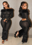 Long Sleeve Off-Shoulder Top & Slim Trousers Furry Two-Piece Set