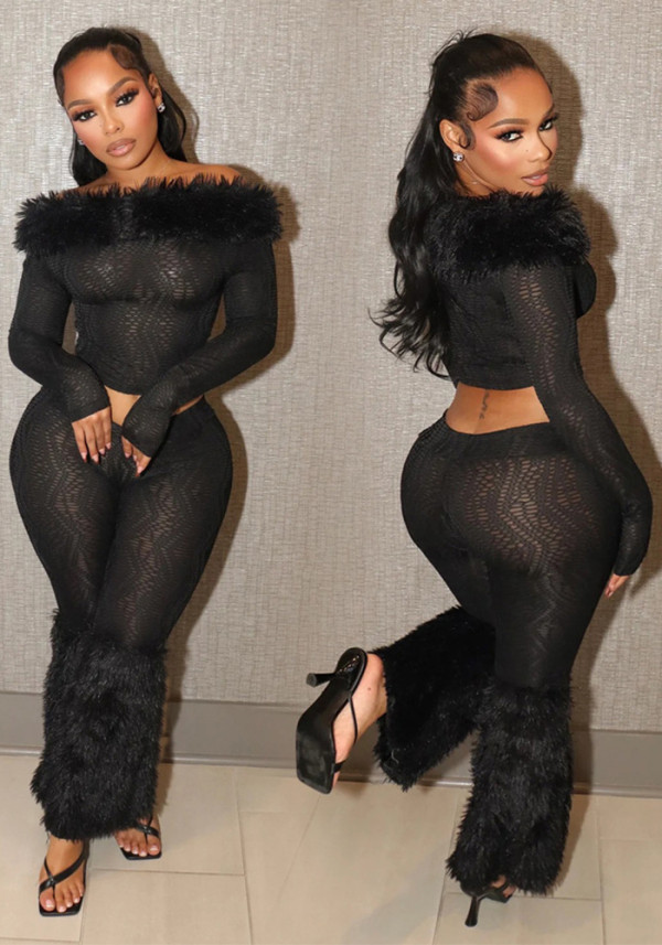 Long Sleeve Off-Shoulder Top & Slim Trousers Furry Two-Piece Set
