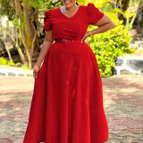 Elegant V-Neck Short Sleeve Solid Color High-Waist Swing Long Dress
