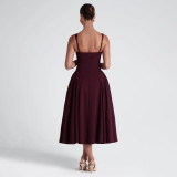 Spring Women's Square Neck Strap Retro Slim Midi Dress