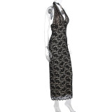 Summer Women's Sexy Fashion Halter Neck Lace-Trimmed Slit Slim Dress