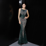 Luxury Sequin Mermail Women Formal Party Evening Dress Sexy Sleeveless Long Slim Bridal Gown