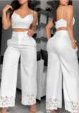 Women's Chic Elegant Solid Color Strap & High-Waist Hollow-Out Straight Trousers Set