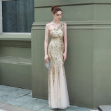 Luxury Sequin Mermail Women Formal Party Evening Dress Sexy Slash Shoulder Long Slim Bridal Gown
