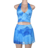 Sexy Holidays Printed Halter Neck Straps Top  & Mesh Skirt Set