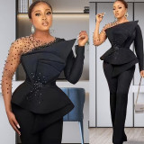 African Plus Size Women's Solid Color Beaded Mesh Casual Fashion Pants Set