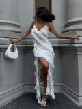 Patchwork Ruffle Strap Sexy Slit Long Dress