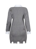 Ripped Casual Loose Solid Color Fashion Turndown-Collar Irregular Mini Dress