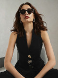 Women's Chic Elegant Solid Color V-Neck Sleeveless Vest & High-Waist Wide-Leg Trousers Set