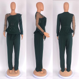 African Plus Size Women's Solid Color Beaded Mesh Casual Fashion Pants Set