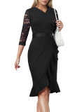 Elegant Slim Lace Patchwork Sleeve Black Ruffle Career Dress