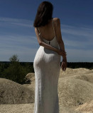 Straps Sexy Knitted Beach Cover-Up Low-Back Slit V-Neck High-Waist Slim Dress