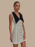 Turndown Collar Metal Button Sleeveless Chic Slim Waist Mini Dress