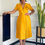 Women's Summer V-Neck Fashion Short Sleeve Solid Color Elegant Pleated African Dress
