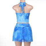Sexy Holidays Printed Halter Neck Straps Top  & Mesh Skirt Set