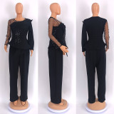African Plus Size Women's Solid Color Beaded Mesh Casual Fashion Pants Set