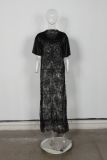 Fashion Loose V-Neck Hollow Lace Patchwork Casual Short-Sleeved Long Dress for Women
