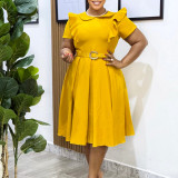 Women's Short Sleeve Peter Pan Collar Solid Color Ruffle High-Waist Swing Dress