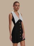 Turndown Collar Metal Button Sleeveless Chic Slim Waist Mini Dress