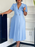 Women's Summer V-Neck Fashion Short Sleeve Solid Color Elegant Pleated African Dress