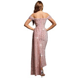 Women's Chic Sexy Sequin Off-Shoulder Solid Color Party Dress