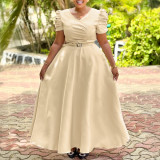 Elegant V-Neck Short Sleeve Solid Color High-Waist Swing Long Dress