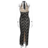 Summer Women's Sexy Fashion Halter Neck Lace-Trimmed Slit Slim Dress