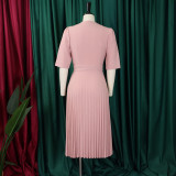 Women's Summer V-Neck Fashion Short Sleeve Solid Color Elegant Pleated African Dress