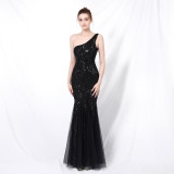 Luxury Sequin Mermail Women Formal Party Evening Dress Sexy Slash Shoulder Long Slim Bridal Gown