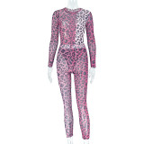 Sexy Slightly Transparent Leopard Print Round Neck Tight-Fitting Trendy Pants Set Elastic Two-Piece Set