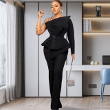 African Plus Size Women's Solid Color Beaded Mesh Casual Fashion Pants Set