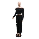 Long Sleeve Off-Shoulder Top & Slim Trousers Furry Two-Piece Set