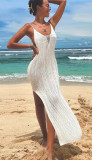 Straps Sexy Knitted Beach Cover-Up Low-Back Slit V-Neck High-Waist Slim Dress