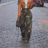 Women's Fashion Street Straight-Leg Loose Camo Trousers with Multi-Pockets