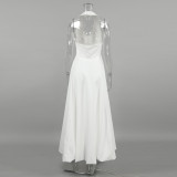 White Sexy Sleeveless Halter Neck Dress Fashion A-Line Maxi Dress for Women