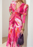 Spring Women's Chic Elegant V-Neck Pleated Slim Waist Dress