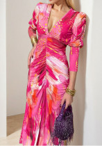 Spring Women's Chic Elegant V-Neck Pleated Slim Waist Dress
