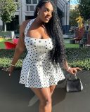 Black and White Polka Dot Low-Back Halter Neck Slim Waist Short Dress for Summer