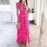 Women's Fashion Sexy V-Neck Printed Slit Long Dress