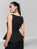 Women's Summer Professional Chic Round Neck Sleeveless Lace Slim Waist Puff Sleeve Top