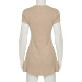 Solid Color Buttoned Knitted V-Neck Slim A-Line Mini Dress