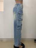 Women's Fashion Street Trendy Cut Straight-Leg Loose Denim Multi-Pocket Trousers