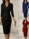 Fake Two-Piece Career Bodycon Fashion Dresses for Women Belt V-Neck Solid Color Dress