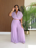 Women Casual Holidays Summer Turndown Collar Short Top & High-Waist Wide-Leg Pants Set