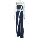 Casual Career Women's Clothing Black and White Contrast Patchwork Slim Slash Shoulder Low-Back Long Jumpsuit