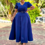 Elegant V-Neck Short Sleeve Solid Color High-Waist Swing Long Dress