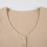 Solid Color Buttoned Knitted V-Neck Slim A-Line Mini Dress