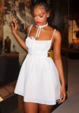 Women Pleated Solid Color Low-Back Lace-Up A-Line Short Dress