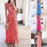 Women's Fashion Sexy V-Neck Printed Slit Long Dress