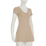 Solid Color Buttoned Knitted V-Neck Slim A-Line Mini Dress